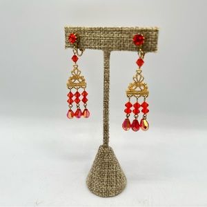 Vintage red-orange beaded clip on chandelier dangles gold tone colorful crystals